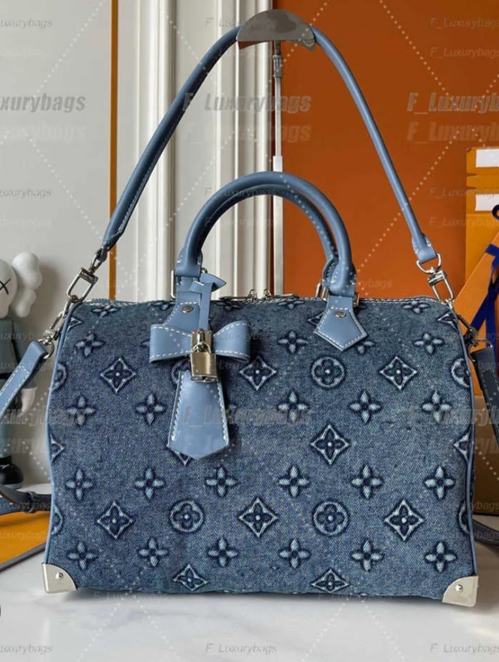 Cotton Denim Deluxe Monogram 30 Pillow Large Tote with Light Blue Leather Trim